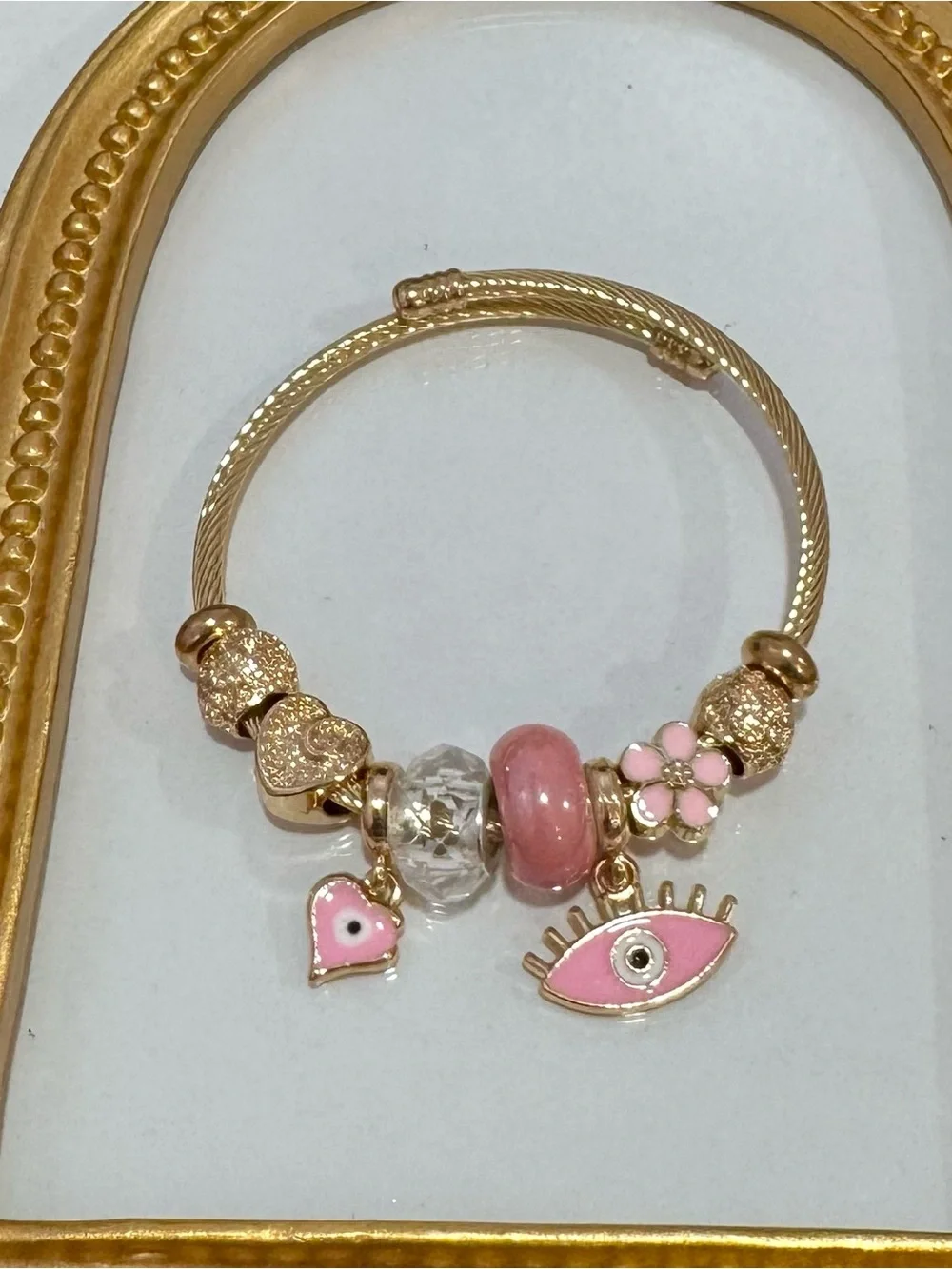 New Gold-Tone Cuff Pink Charm Bracelet with Enamel Eye & Heart Charms